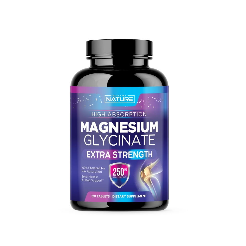 Magnezyum Glycinate 250 mg - Yüksek Abhidrasyon Chelated Magnezyum Supplement - %100 Saf Magnezyum Glycinate - Stres, Uyku, Kalp ve Kas Sağlık Desteği - Non-GMO, Vegan, Gluten-Free (120 Tablet)