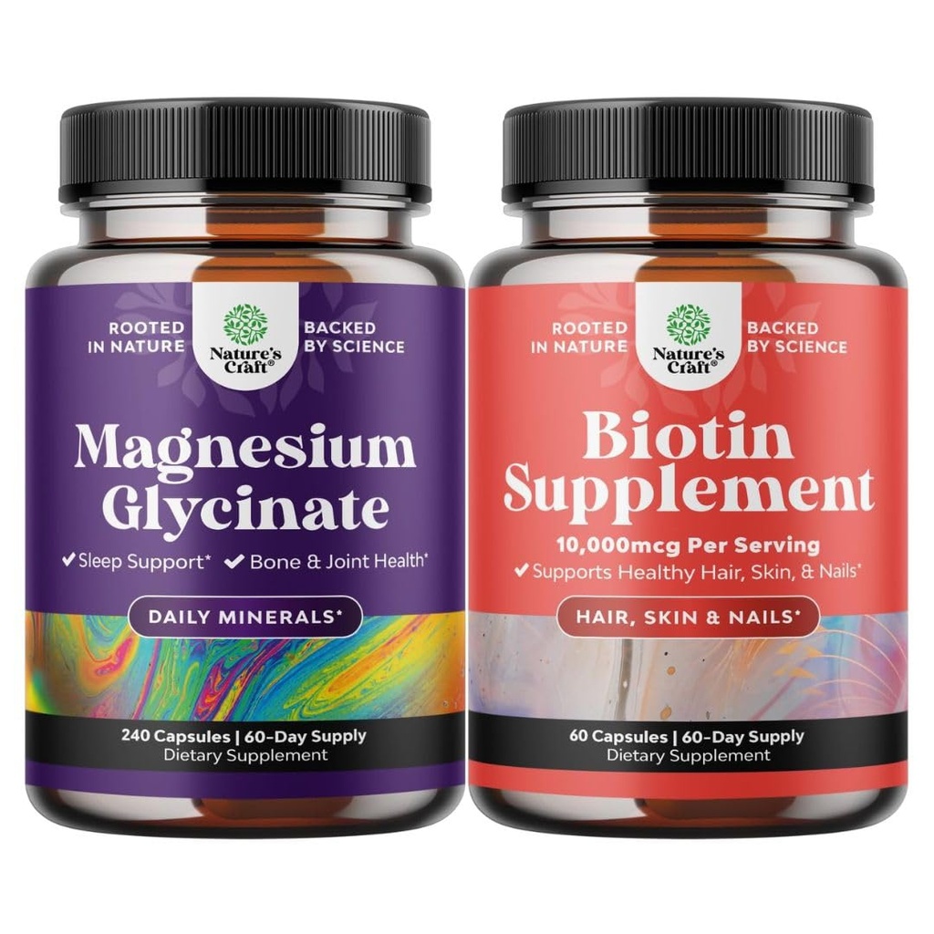 Pure Magnezyum Glycinate 400 mg Per Mood Sleep ve Relaxation 240ct ve Pure Biotin Pills for Women Men - Saçların İncelenmesi Doğal Tamamlamayı Durdurun