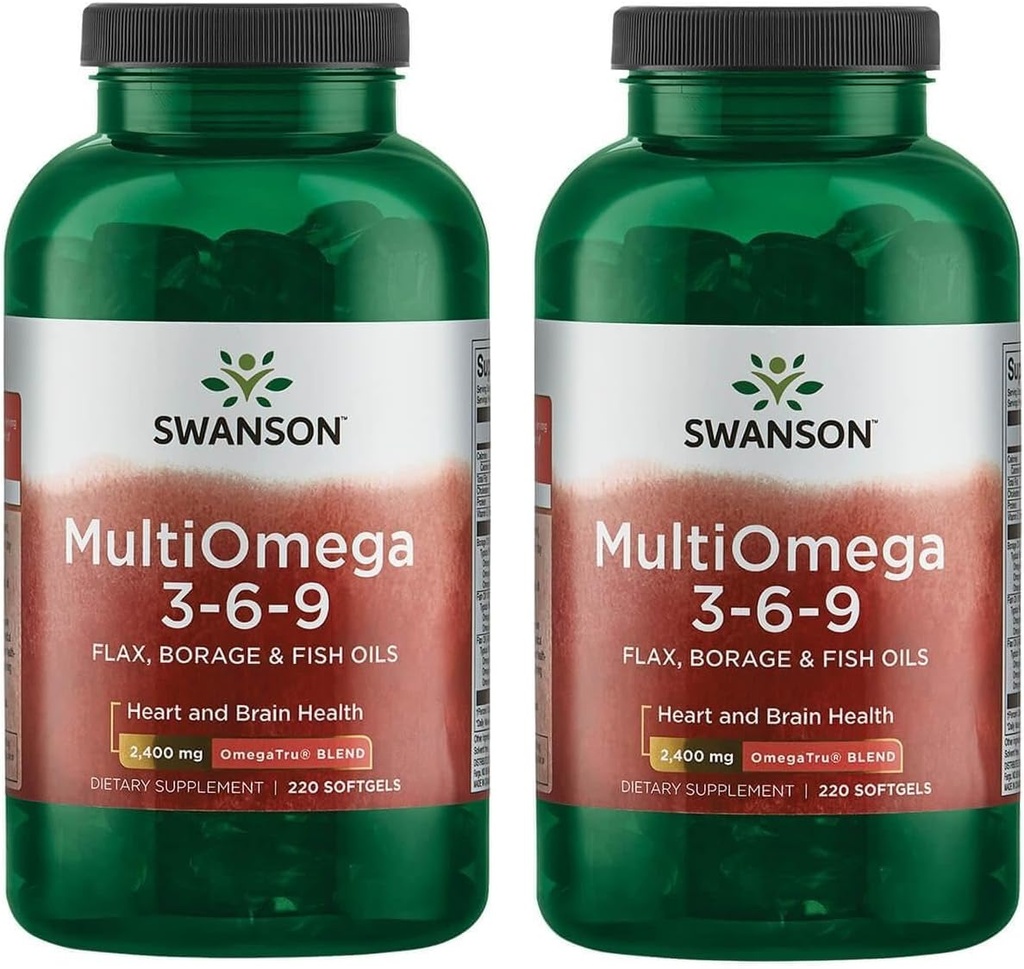 Swanson MultiOmega 3-6-9 - Non-GMO Flax, Borage & Fish Oil Capsules - Essential Fatty Acids Supporting Cardiovascular Health & Brain Health - (220 Softgels, 2400 mg hizmet) 2 Şişeler, 2400 mg