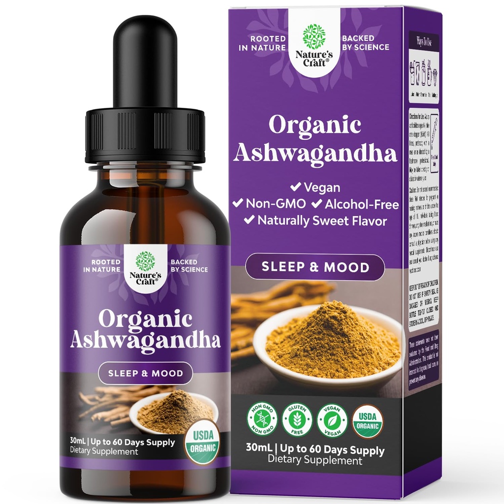 USDA Organic Ashwagandha Liquid Drops - Ashwagandha Root Extract for Stress and Mood Support - Delicious Pure Adaptogen Drops for Adults - Alcohol-Free Herbal Tinctures for Rest - 1 Fl Oz