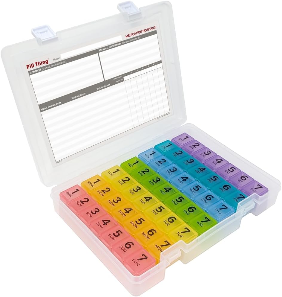 7 Times a Day Weekly Pill Box Organizer Case, Secure 7X Pillbox with Drug Schedule, Premium Lifetime Subscription to Medi security App (7 Time-a-Day)