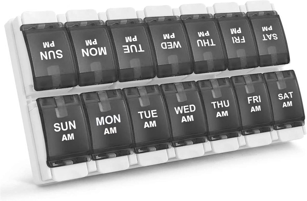 Sukuos AM PM Weekly 7 Day Pill Organizer, 2 Times A Day Pill Box with Arthritis Friendly Push Düğme, Medicine Cases for Vitamin/Fish Oil /Supplements, Easy to Clean (Black)