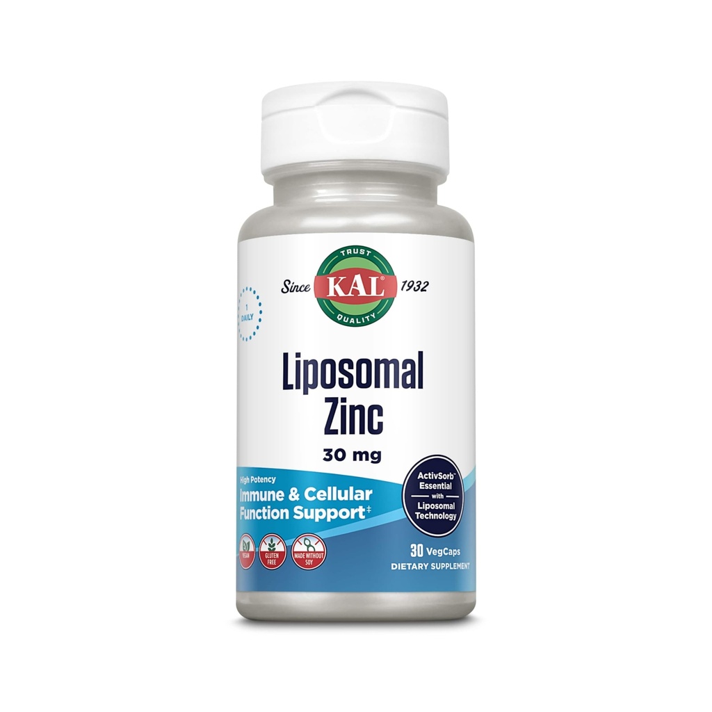 KAL Liposomal çinko 30 mg, Hücre Fonksiyonlu ve Immune Support Supplement, Geliştirilmiş Abhidrorps, Vegan, Gluten Free, Soy Free, 30 Hizmet, 30 VegCaps