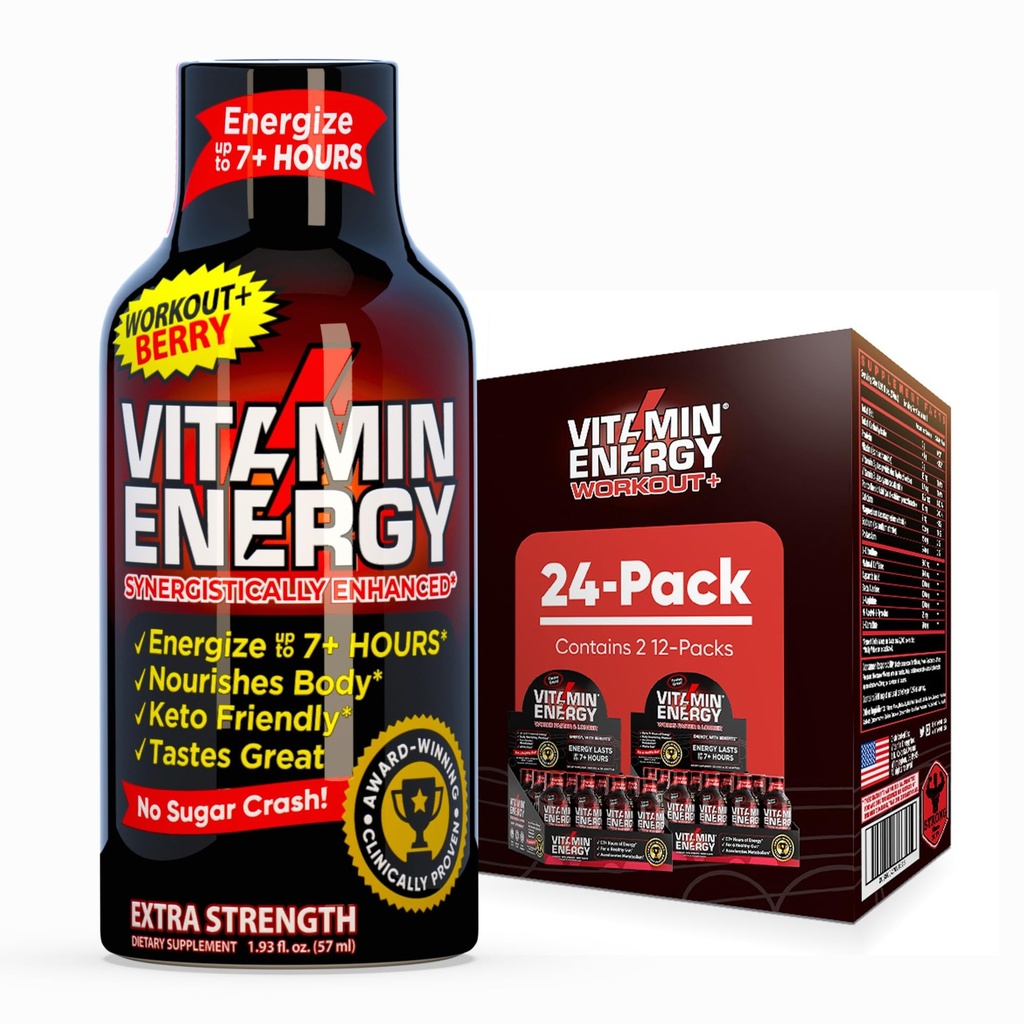 Enerji Vitamini + Ekstra Güçlü Enerji Shot Berry 24 Pack, 260 mg Natural Caffeine, Pre-Workout, B-Vitamins, Minerals, Endurance & Performans, Zero Sugar, Gluten-Free, Vegan, 1.93 fl ozzz