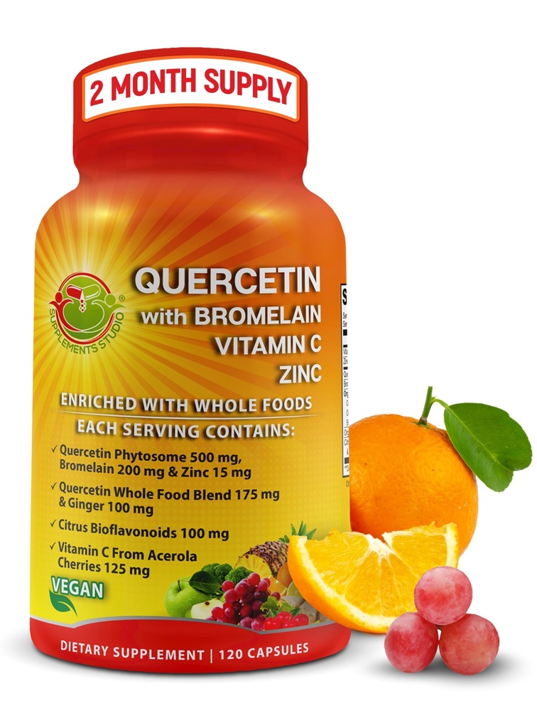 Bromelain Vitamin C ve Çinko Organik Tüm Gıdalarla Zenginleştirildi - Hizmet başına 1215 mg - Ginger ve Flavononoyaklar ile Kunercetin Phytosome 500 mg Capsules - 120 Kont