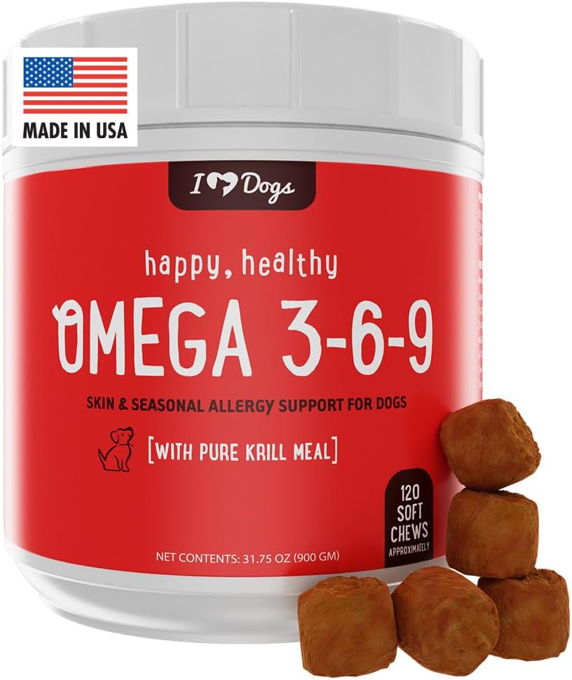 IHeartDogs Omega 3-6-9 Köpekler için - Skin ve Coat Fish Oil Supplement for Dogs with Pure Antarktika Krill Oil - Alerji & Itchy Skin Relief Chews, 120