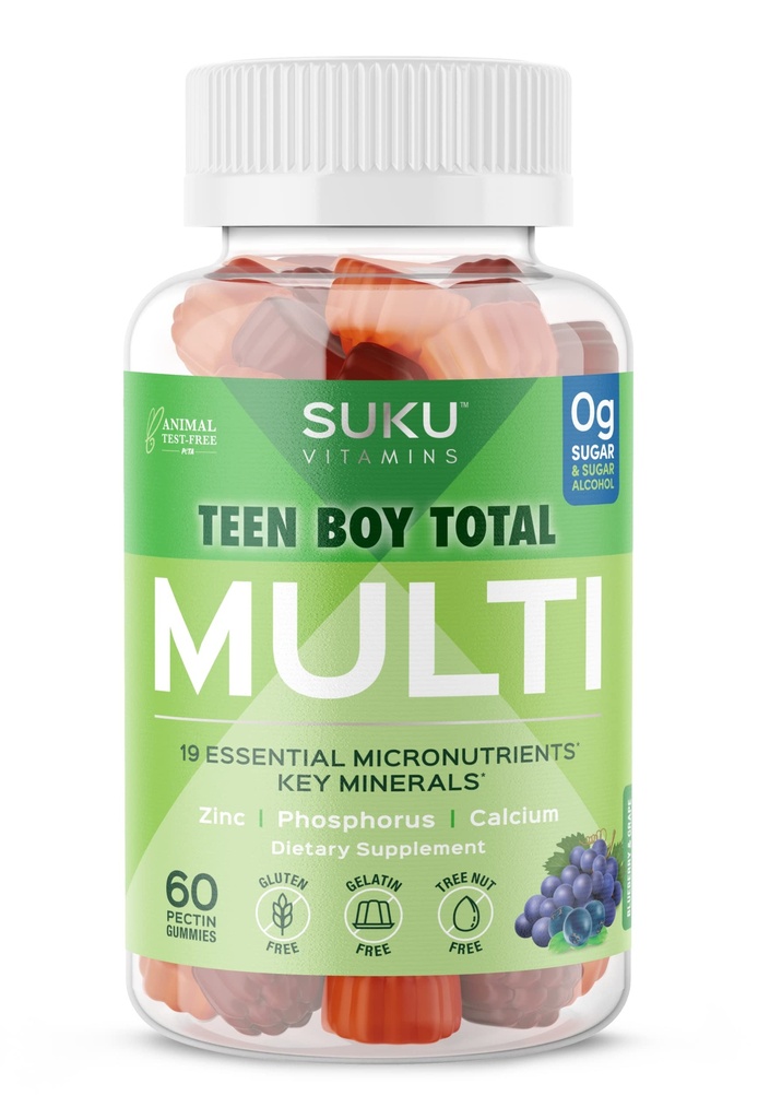 SUKU Teen Boy Multivitamin Gummies – Vitamins A, B12, C, D3, E, Zinc & Biotin – Sugar-Free Vegetarian Supplement for Energy, Growth, Immune & Bone Health – Grape Flavor – 60 Count