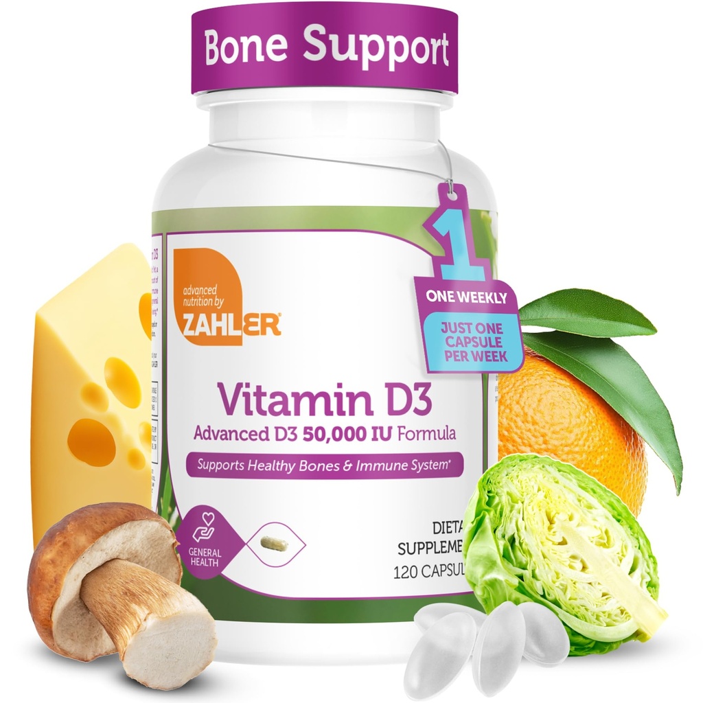Zahler - Gelişmiş Vitamin D3 50000 IU kapsülleri (120 Kont) Kosher Vegetarian Friendly D for Immune Support, Bone, Teeth & Muscle Health - Weekly D3 Vitamin Tamam- Easy Swallow Vitamin D3.