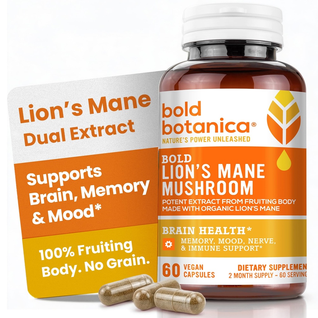 Bold Botanica Lion's Mane Mushroom Capsules - 100% Meyveli Vücut – Organik Aslan'ın Maneksiyonları – Nootropic Brain Health – Memory, Mood, Immune Support – 60 Vegan Capsules