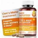 Bold Botanica Lion's Mane Mushroom Capsules - 100% Meyveli Vücut – Organik Aslan'ın Maneksiyonları – Nootropic Brain Health – Memory, Mood, Immune Support – 60 Vegan Capsules