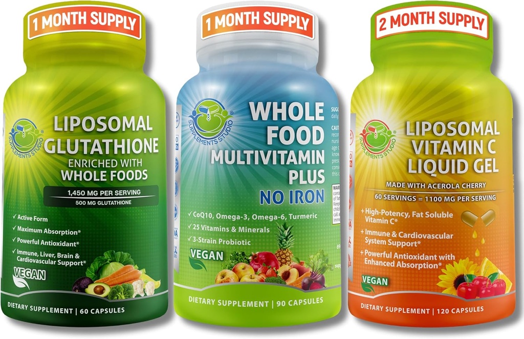 Daily Immune, Antioksi & Energy Support Sche – Liposomal Glutathione 500 mg with Whole Foods + Liposomal Vitamin C 1100 mg Sıvı Gel + Vegan Tüm Gıda Demirsiz Multivitamin