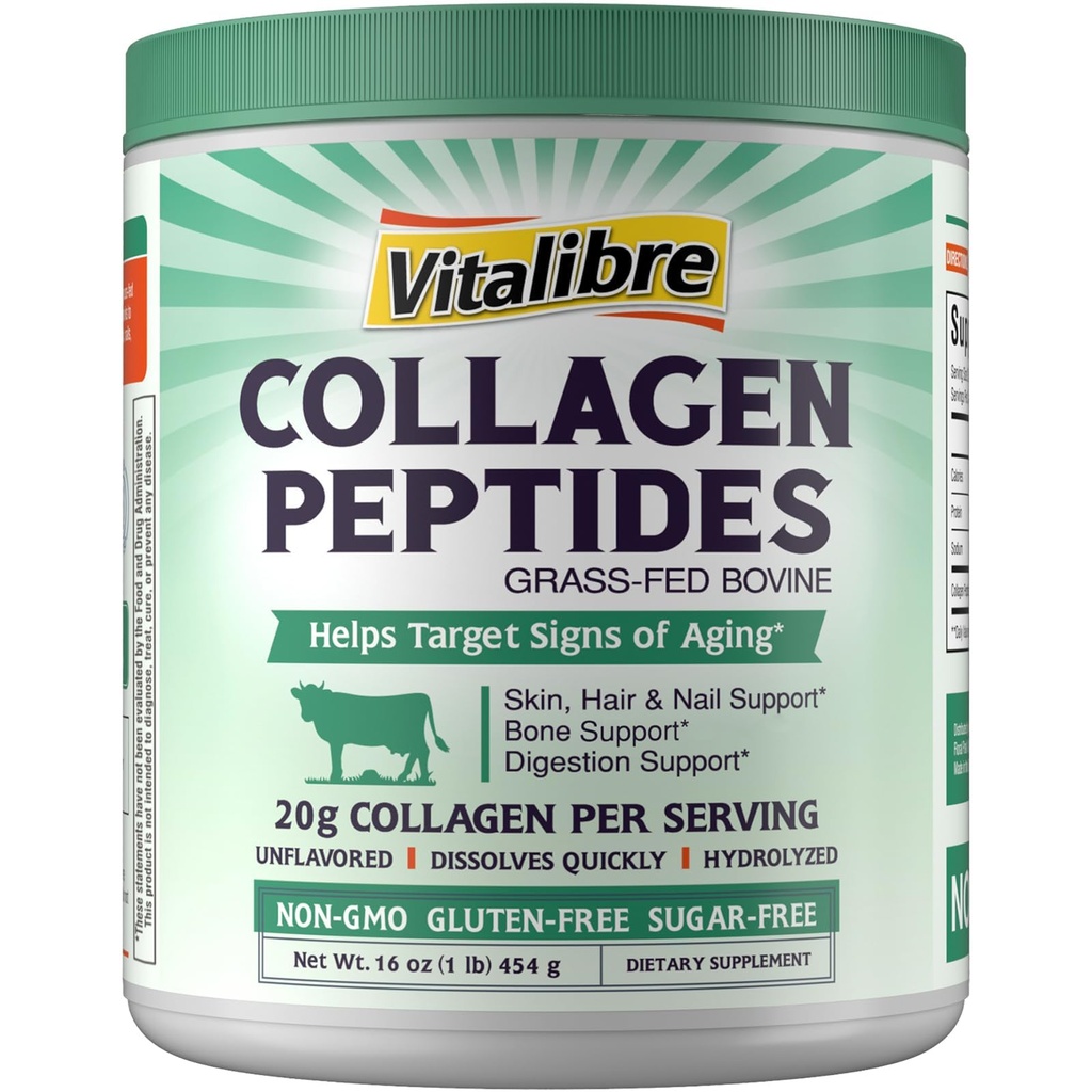 Vitalibre Bovine Collagen Peptides Powder for Women and Men, Grass-Fed Hydrolyzed Collagen Protein Type I & III, Skin, Hair, Nails, Bones, Digestion, Unflavored, Non-GMO, Keto & GF, 22 Servings, 16oz