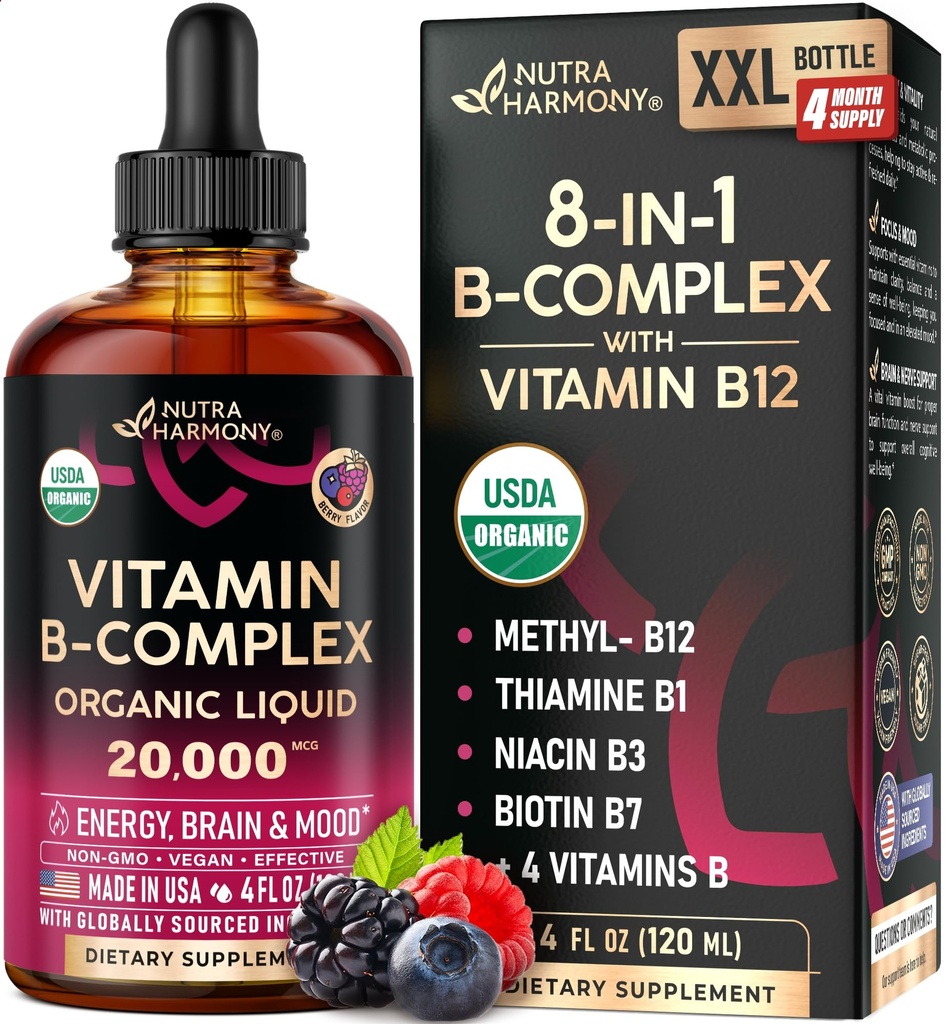 USDA Organik Vitamin B-Complex B5 Pantothenic Acid | B12 Mecobalamin | B1 Thiamine | B6 Pyridoksie | B7 Biotin | B9 Folic | B3 Niacinamid - B Kompleks Sıvı Öpücük, ABD'de Tamamlandı