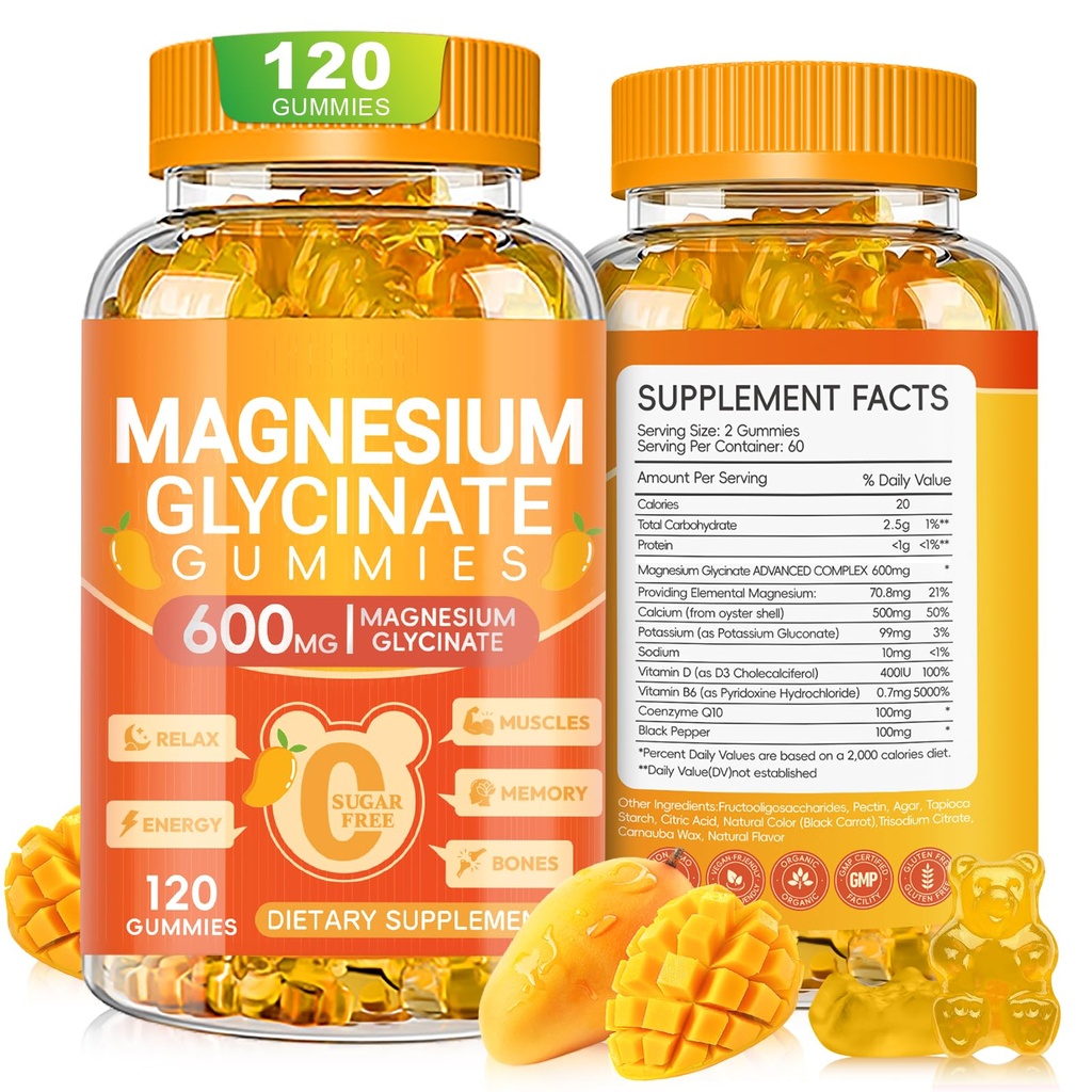 Magnezyum Glycinate Gummies 600 mg, Chewable Sugar Free Pyum Magnezyum Gummies Magnezyum Glycinate, Vitamin D, B6 ve CoQ10 Uyku, Rahatlama, Beyin & Kas, 120 Kont