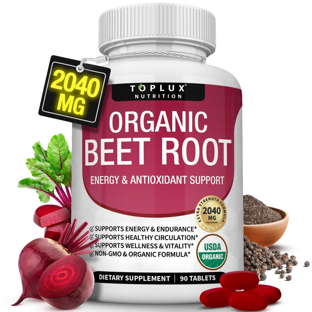Organik Arıt Kök Toz Tabletleri - 2040 mg Doğal Nitrik Yardımcılara Destek, Enerji, Siyah Pepper Daha İyi Aborpsiyon, Non-GMO, Erkekler için 90 Tablet