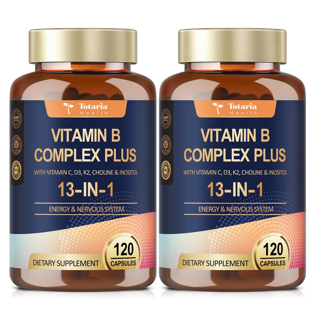 B1, B2, B3 (Niacin), B4, B5, B6, B7 (Biotin), B8 (Inositol), B9 (Folate), B12, C, D3, K2, Enerji için, Nerve, Immune, Skin - 120 Şişeler - 2 Şişeler)