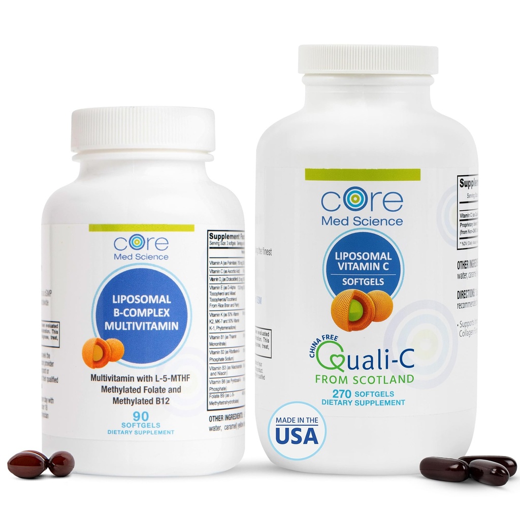 Core Med Science Liposomal Vitamin B-Complex & Vitamin C 1000 mg Soft Gels Chart for Heart Health & Immune System