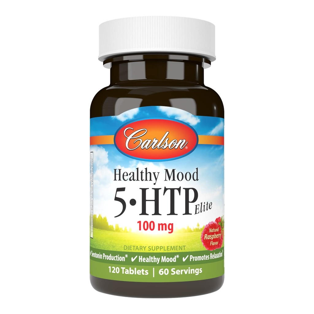 Carlson - Sağlıklı Mood 5-HTP Elite, 100 mg, Serotonin Production, Sağlıklı Mood & Rahatlama, Doğal Raspberry Flavor, 120 Tablet