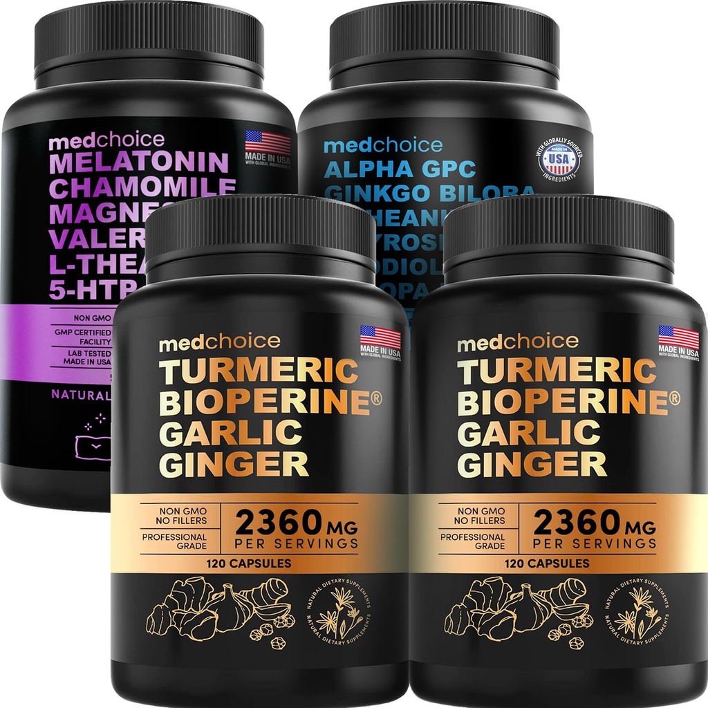MEDCHOICE Turmeric & Ginger (240ct), Sleep Melatonin (90ct) ve Nootropic Brain (60ct) Tamam Sche - Wellness Trio for Brain, Sleep, & Immune Support - Vegan, Non-GMO, Gluten-Free-Free-GMO, Gluten-Free-Free