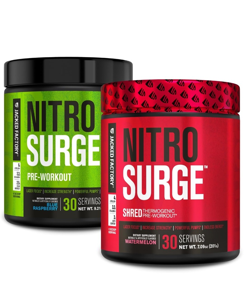 Jacked Factory Nitrosurge Pre-Workout in Blue Raspberry & Watermelon Nitrosurge Shred Thermogenic Pre-Workout for Men & Women