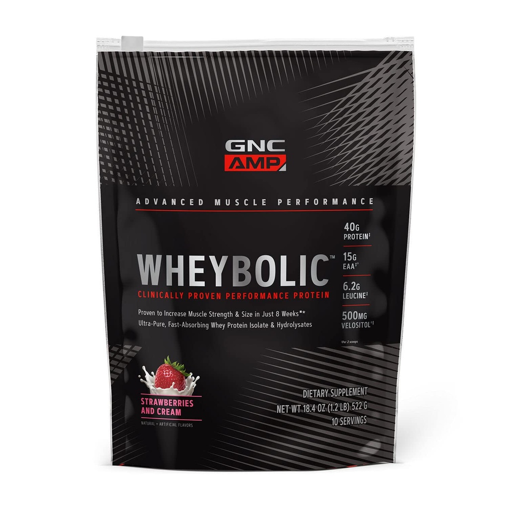GNC AMP Wheybolik Klinik olarak Proven Protein Toz, 40g Whey proteini, BCAA, Leucine, Kas Kuvvetini Arttırıyor, 3. Parti Test Edildi, Gluten Free, Strawberries ve Cream, 10 Hizmetler
