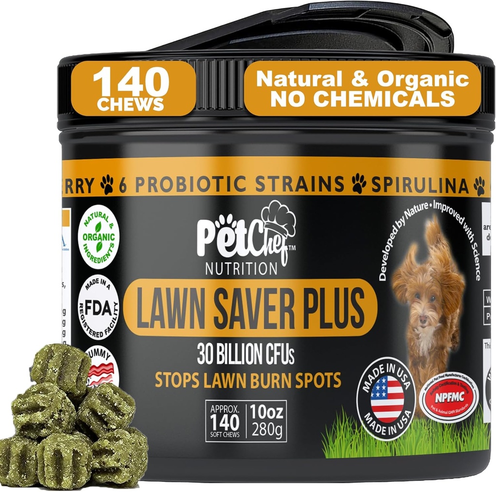 Pet Chef Lawn Saver, Soft Chew, Vegan Bacon! Canine Urine Yard Burn Stopper. Dog PH Urine Neutralizer. Yard'ları inşa edin, Bitki Hasarını koruyun ve Back Yards'ı büyütün. Önlemler Yard Hasar Hasarı