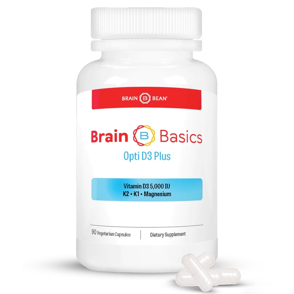 Beyin Temel Opti D3 Plus - D3 5000 I with K1, K2, ve Magnezyum - Mood, Mind, Memory - Bone, Muscle, and Immune Health - Gluten Free, Soy Free, and Dairy Free