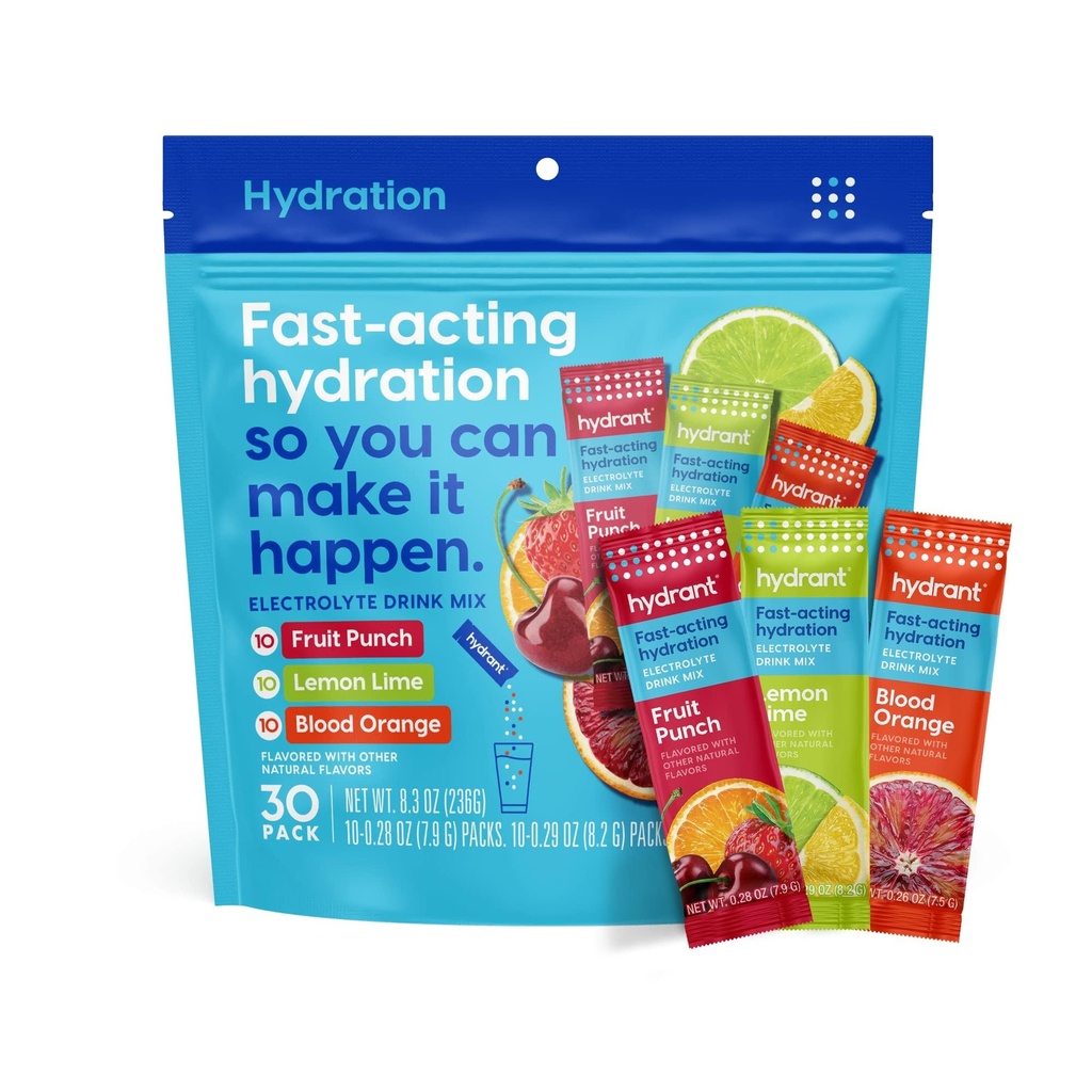 Hydrant - Hydration Toz Çeşitli Paketi, 30 Bireysel Instant Electrolyte Rehidr Packets - Low Sugar Drink Mix for Daily Use, Travel & Workouts