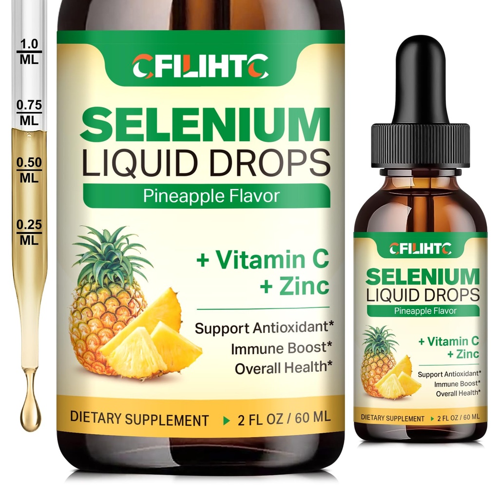 Selenium Liquid Drops, 200 C & Çinko ile Sıvı Selenyum Tamam, Immune System, Antioksi & Heart Health, High Abxia, Pineapple Flavor, 2 Fl Oz