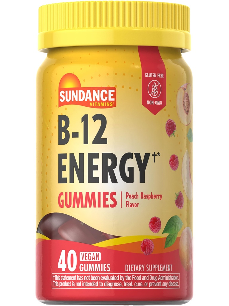 Sundance Vitamin B-12 Enerji Gummies | 40 Kont | Peach Raspberry Flavor | Vegan, Non-GMO ve Gluten Free Supplement Supplement