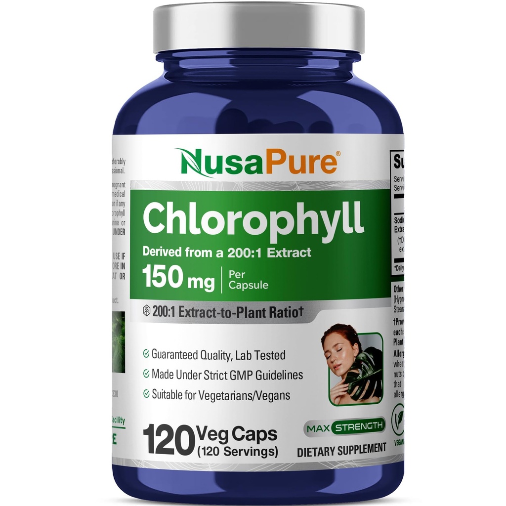 NusaPure Chlorophyll 200:1 Ekstraksiyon, 150 mg Capsule 120 Vejetaryen Caps (Non-GMO, Vegan) için 30.000 mg Eş Eş Eşdeğer