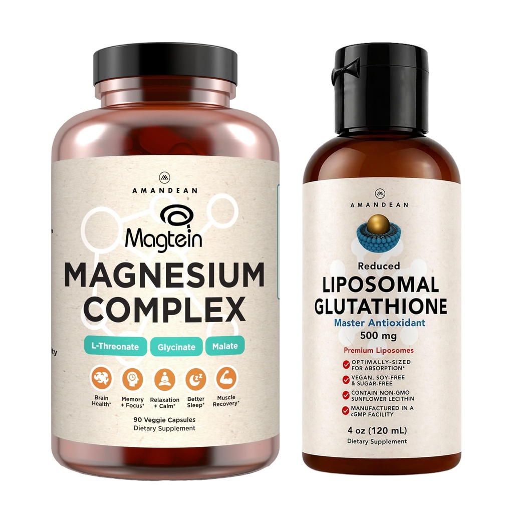 AMANDEAN Premium Liposomal Glutathione & Magnezyum Kompleksi Sche. Antioksi. Sıvı Setria. Yüksek hacimli Magnezyum Threonate, Glycinate & Malate. Beyin & Liver Health. Memory, Focus & Sleep