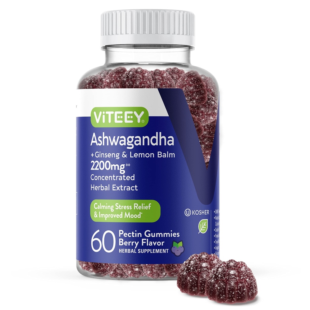 GM & Lemon Balm ile Viteey Ashwagandha Gummies - Mood, Calm & Stres Desteği Ashwagandha Supplements - Vegan, Gluten-Free - 60 Count Count Count