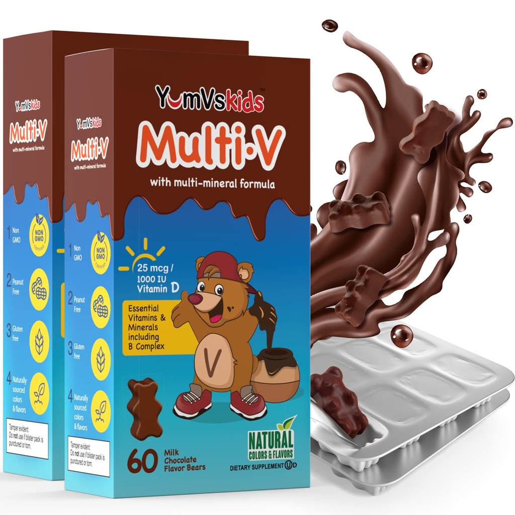 YUM-V'S - Çocuklar Multivitamin Chewable Chocolate Bears - Çocuklar için Çokvitamin - 16 Vitamin ve Mineraller - Vitaminler D, çinko, C, B Kompleksi ve Daha Fazlası, 60 Kont (Pack of 2)