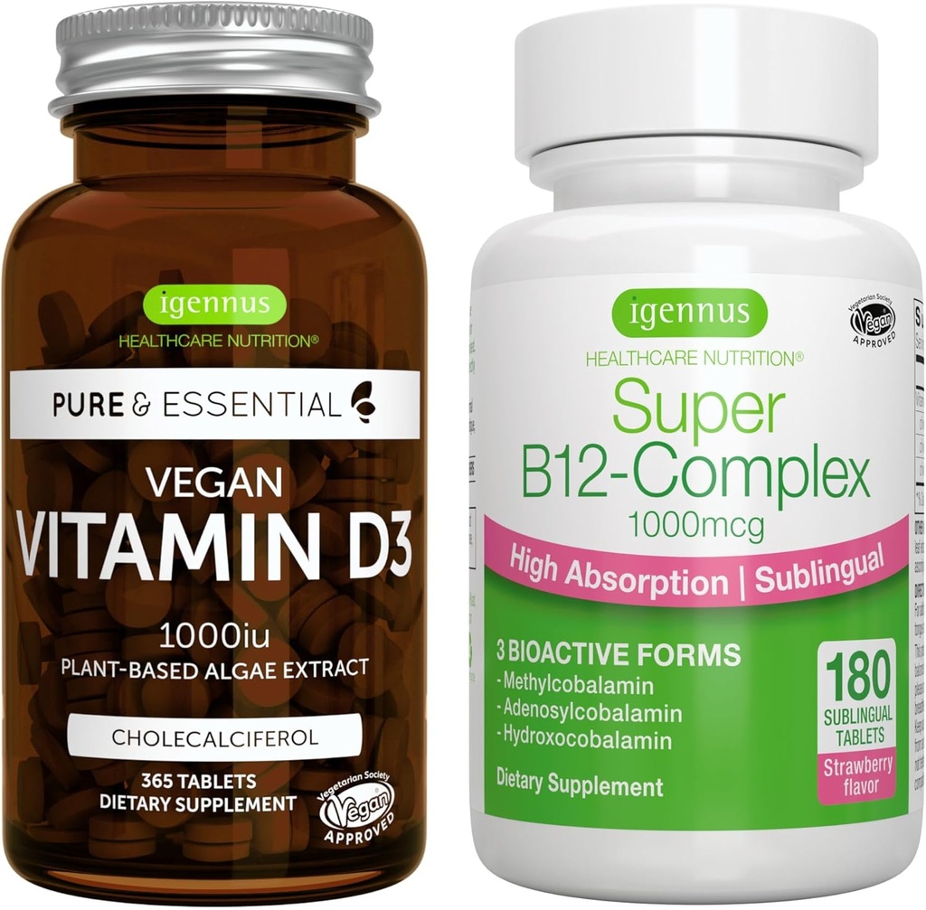 Vegan D3 + Super B12-Complex, Vegan Sche, 365 1000iu Vitamin D3 Tablet + Yüksek Abhidrasyon Sublingual B12, by Igennus