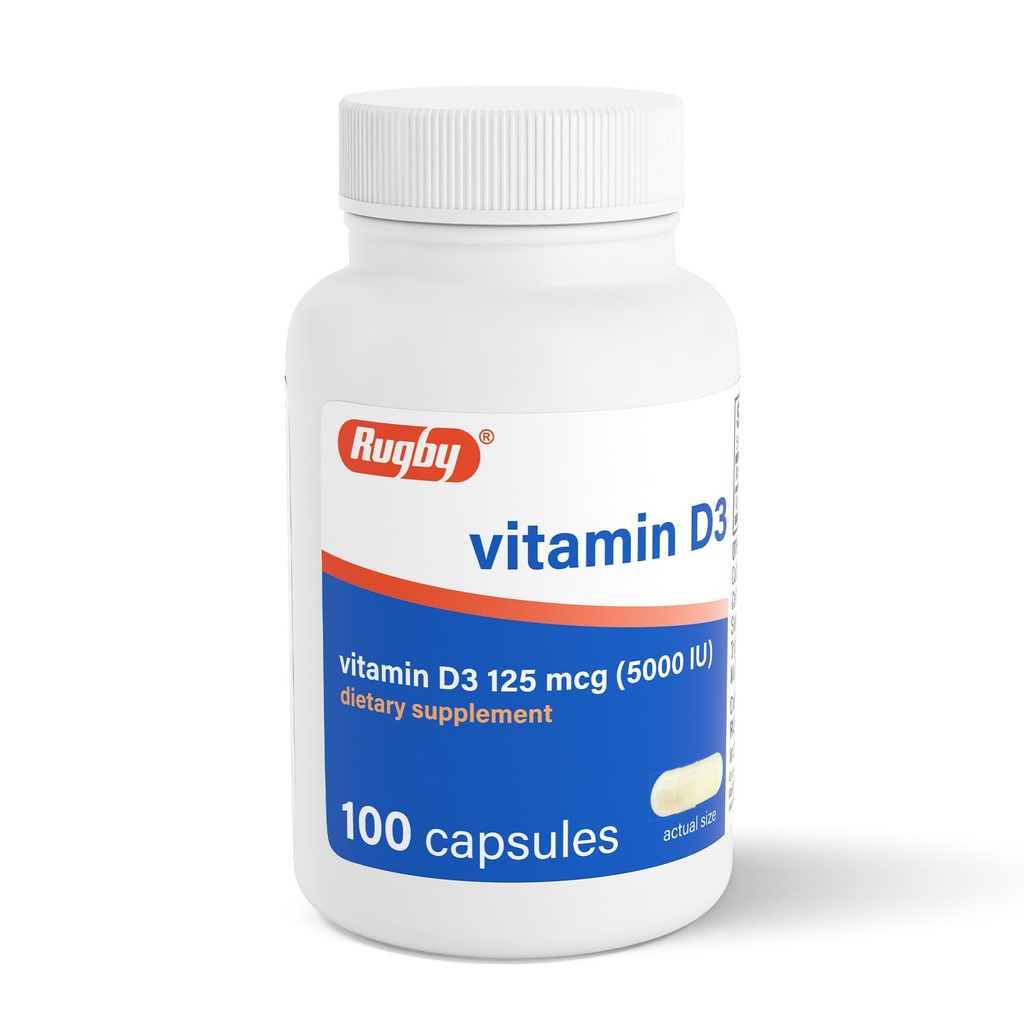 Rugby D3 5.000 IU (125 mcg) - Kemik, Dişler için D Diyetsel Tamam ve Immune Health, 100 Capsules