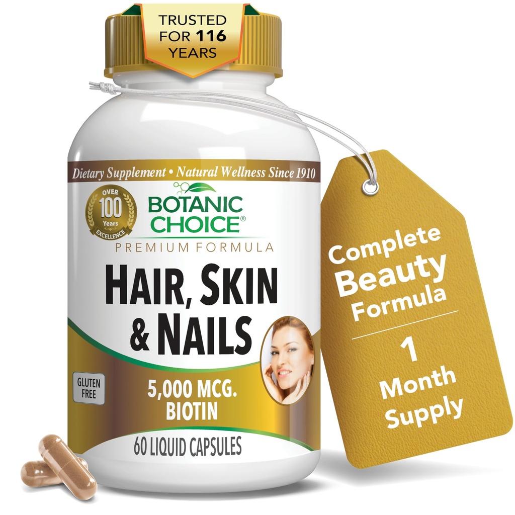 Botanic Choice Hair Skin and Nails Vitamins - Biotin Supplement with Collagen, Vitamin C, & Iron - Super Antioksi Mix with Argan Oil & Hyaluronic Acid - 60 Sıvı Capsules