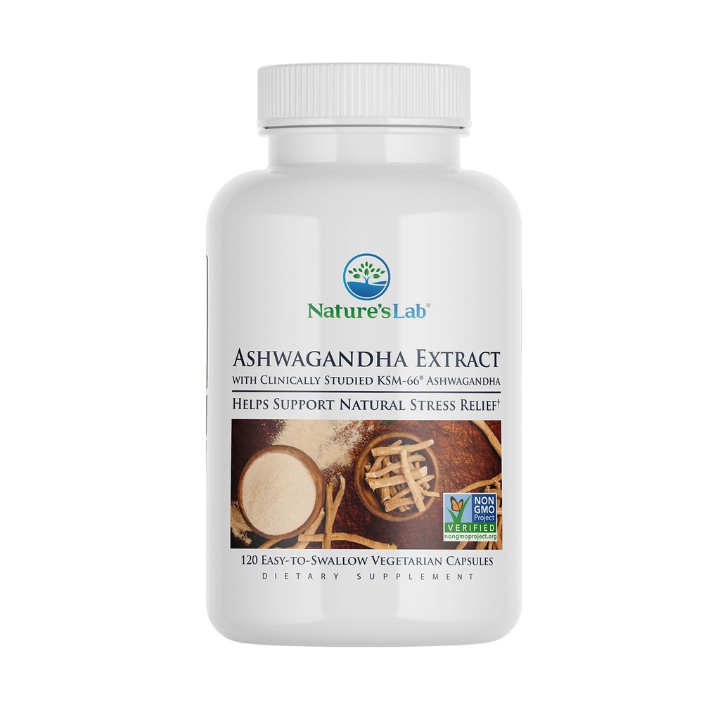 Nature's Lab Extra Strength Ashwagandha KSM 66 Extract -% 5 Withanolides, Pure Organic Ashwagandha Root Toz - Destekler Stres Yardımı, Odak ve Güçlü Destek* - 120 Ct (60 Day Supply)