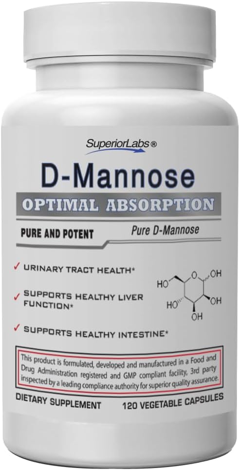 Üstün Laboratuvarlar D-Mannose 500 mg, Pure Non-GMO Optimal Abors Prebiyotik, Urinary Tract, Bladder & Kidney UTI Support, Digestive & Liver Health Aid, IC Relief for Women & Men, 120 Veg Caps