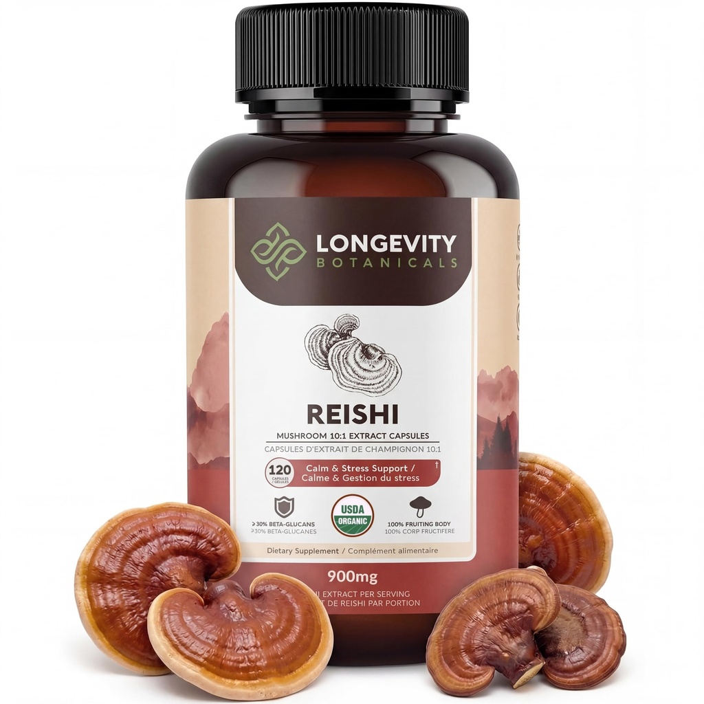 Organik Reishi Mushroom Capsules Supplement (120) | Pure Fruiting Body 10:1 High Strength Extract |% 30 Beta-D Glucans | 9,000 mg Raw Equivalent Per | Calm, Sleep & Stres Desteği
