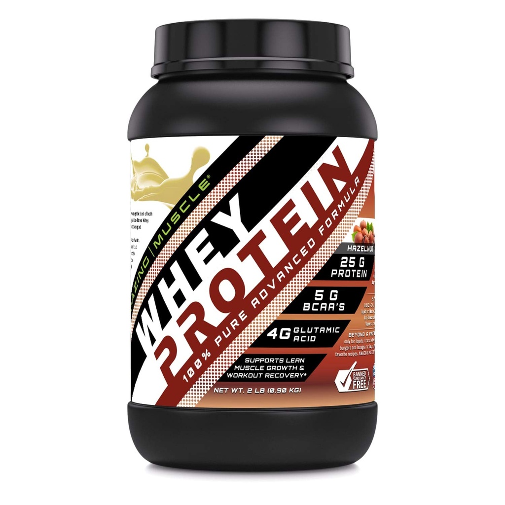 Amazing Muscle Whey Protein Isolate & Concentrate Powder | 25 G Protein per Serving | Non-GMO | Gluten-Free (2 LB, Hazelnut)