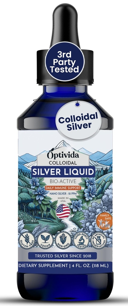 Optivida Health Colloidal Silver Liquid (4 oz) – Premium Nano Gümüş Colloidal Supplement for Daily Wellness & Immune Support, Natural Liquid Silver Hydrosol for Yetişkinler & Kids, Non-GMO, Gluten-Free-Free-GMO, Gluten-Free-Free-