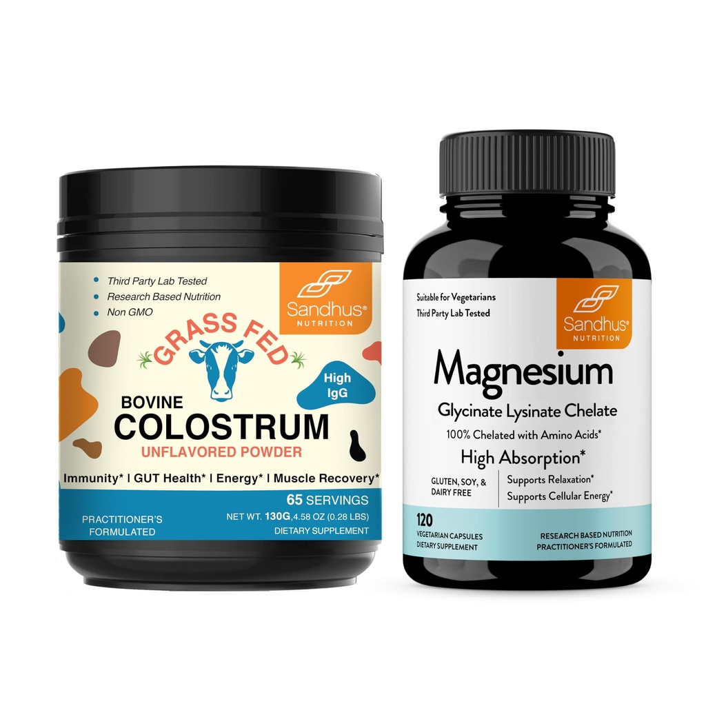 Sandhu'nun Bovine Colostrum Toz & Magnezyum Glycinate Lysinate Capsules | Yardımlar Gut, Immune Heath & Sleep Support