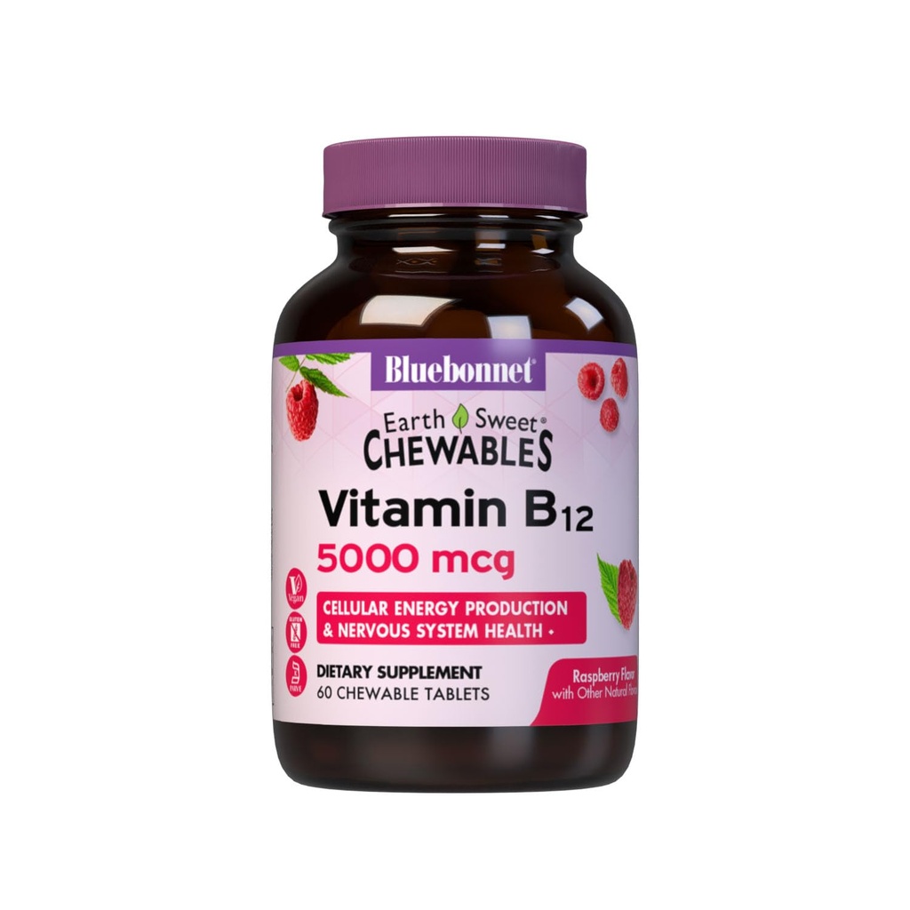 BlueBonnet Beslenme Dünya Tatlı Vitamin B12 5000 mcg Chewable Tabletler, Soy-Free, Gluten-Free, Kosher sertifikalı, Süt-Free, Vegan, Raspberry Flavored, 60 Chewable Tabletler, 60 Hizmetler