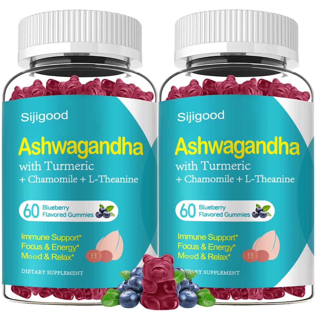 2 Pack Ashwagandha Gummies, Immunity, Relaxation, Calm Mood & Zzz, Ashwagandha Supplements for Men & Women, Natural Blueberry Flavor, 120 Count