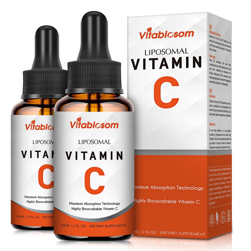 Yetişkinler için Liposomal Vitamin C 2000 mg Sıvı, Yüksek Abvitamin VIT C, Max Vitamin C, Immune System & Antioksi Support, 60ML (2 Şişe)