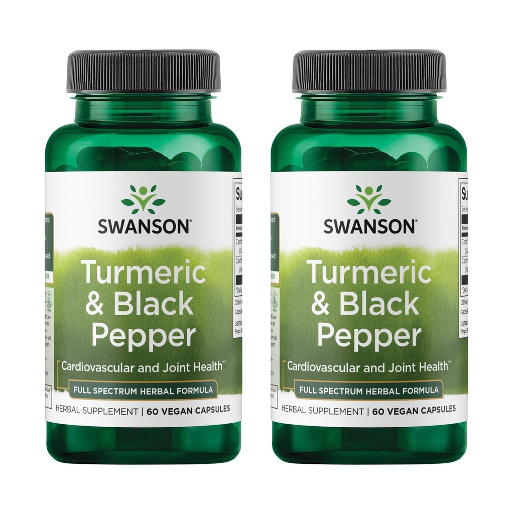 Swanson Turmeric & Black Pepper - Organik Ortak Sağlık, Kalp Sağlığı, Digestion, & Liver Support Supplement - Gelişen Bioavailability & Abors - (60 Veggie Capsules) 2 Pack