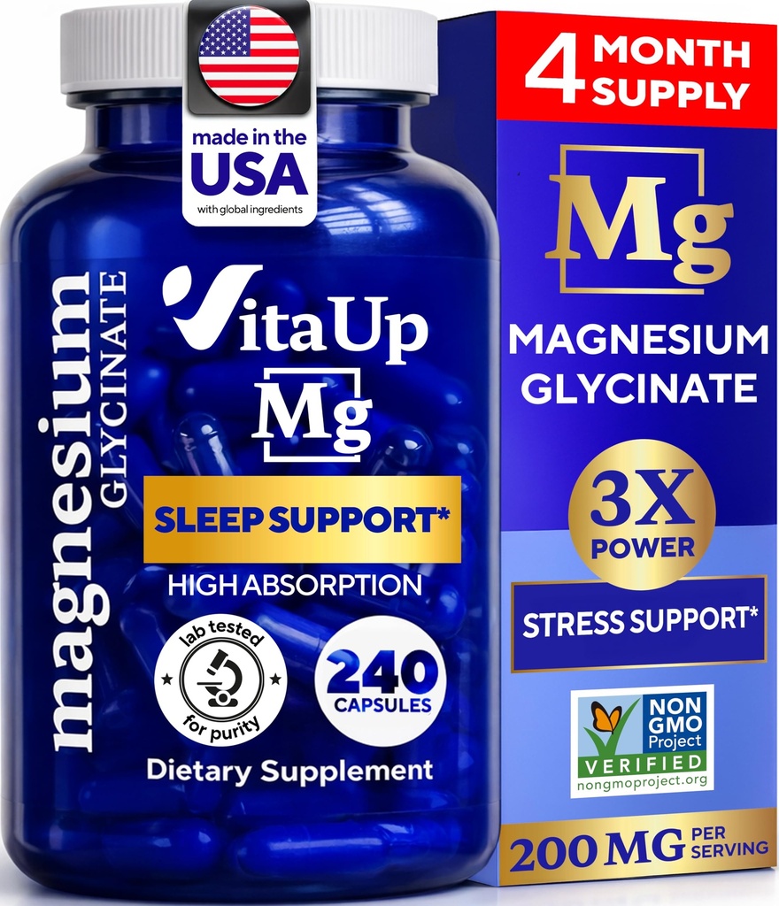Magnezyum Glycinate 200 mg - ABD Uyku, Kalp, Kemikler, Metabolism Desteği - Yüksek Abhidrasyon Magnezyum Bisglycinate Capsules - 240 Vegan Chelated Capsules