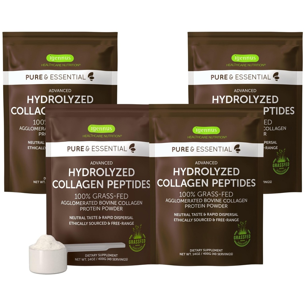 Igennus Free Range Grass Fed Hydrolyzed Bovine Collagen,, Neutral Taste, 100% En yüksek Sınıf Bovine Collagen Protein Toz, Tip 1, 2 & 3, Clean Label, Non-GMO, Free Range,4 x 40 Hizmetler