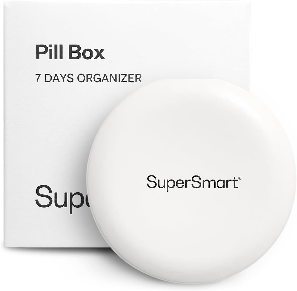 SuperSmart - Pill Box Organizer 7 Days with 1 Cuting Blade for Tablets - Travel Size Item - Small Storage for Supplements & Medications - Easy-to-Use with 7 Large Compartments | White